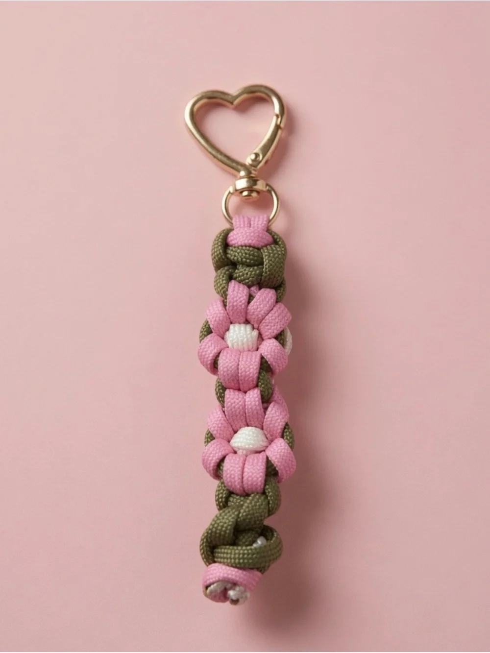 Handcrafted Olive Green and Pink Floral Braided Paracord leash with key chain